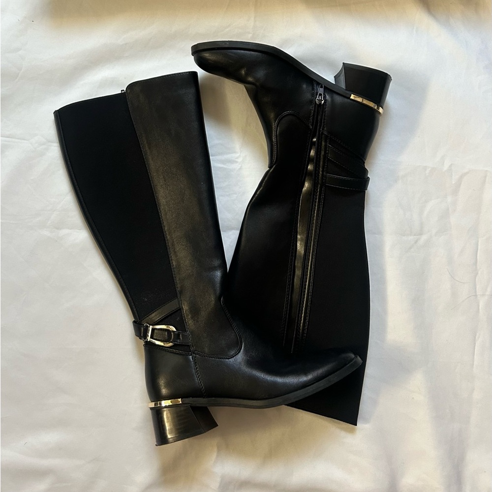 Unisa Apryl Elegant Black Wide Calf Boots with Gold Detailing